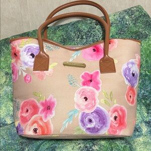 Floral insulated Tote Bag with Brown Handles. Can be used as a purse also!